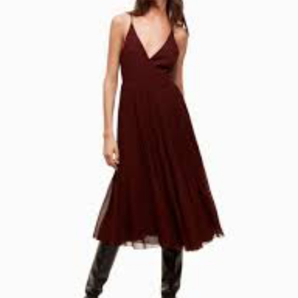 Burgundy accordion pleated wrap dress